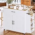 IRONCK Kitchen Island with Storage, Rolling Kitchen Island on Wheels with Drop Leaf, 3 Open Spice Rack Shelf, Door Cabinet, Drawer, Kitchen Cart Island Table for Kitchen, White
