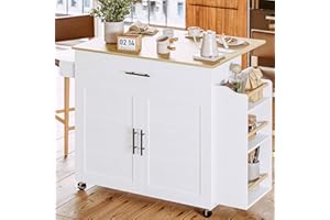 IRONCK Kitchen Island with Storage, Rolling Kitchen Island on Wheels with Drop Leaf, 3 Open Spice Rack Shelf, Door Cabinet, Drawer, Kitchen Cart Island Table for Kitchen, White