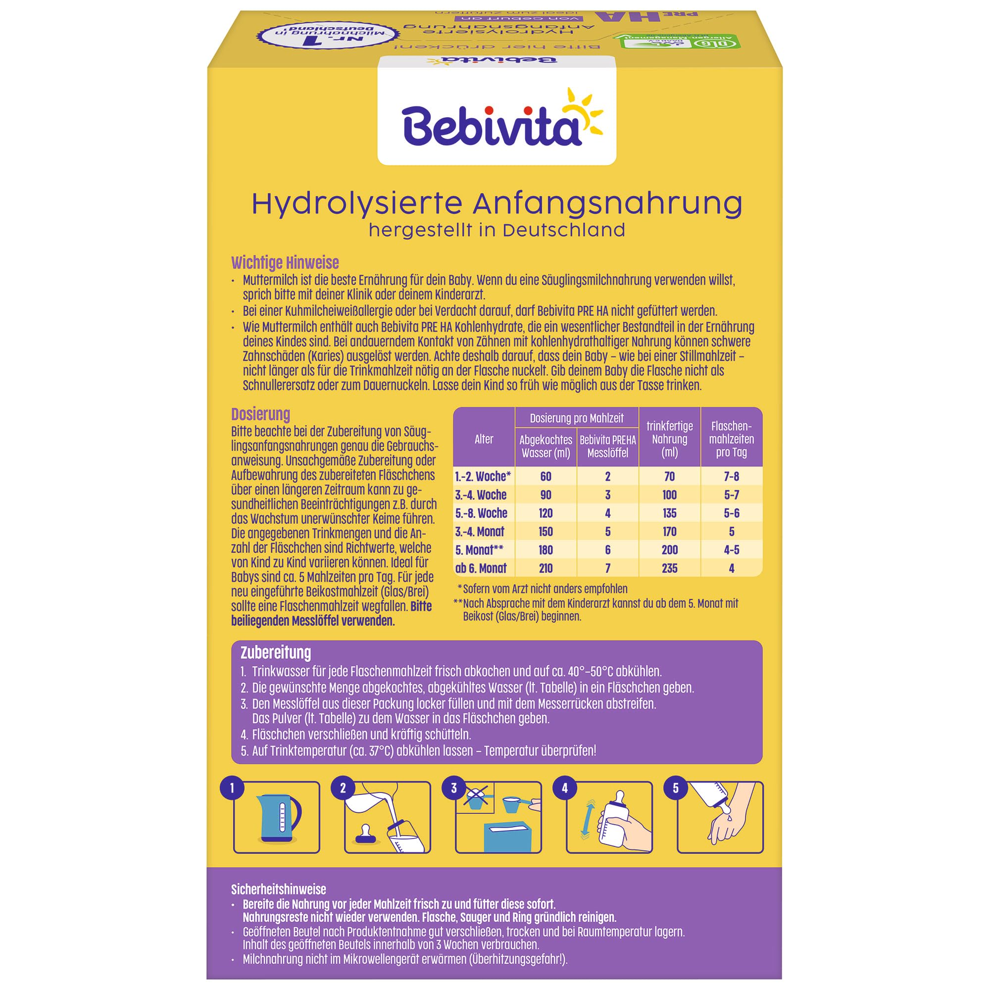Bebivita PRE HA (5 x 500g), hydrolysierte Anfangsmilch von Geburt an, enthält nur Lactose als Kohlenhydrat, gut zum Zufüttern 3