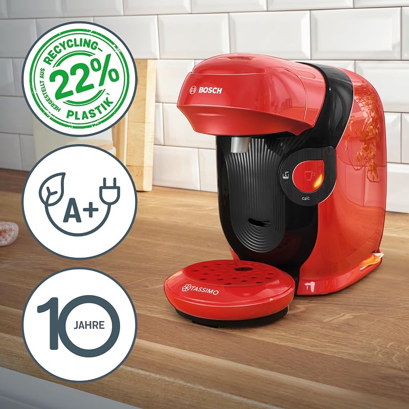 Tassimo Style friendly Kapselmaschine TAS113E, über 70 Getränke, geeignet für alle Tassen, vollautomatisch, nachhaltig, platzsparend, 1400 W, rot
