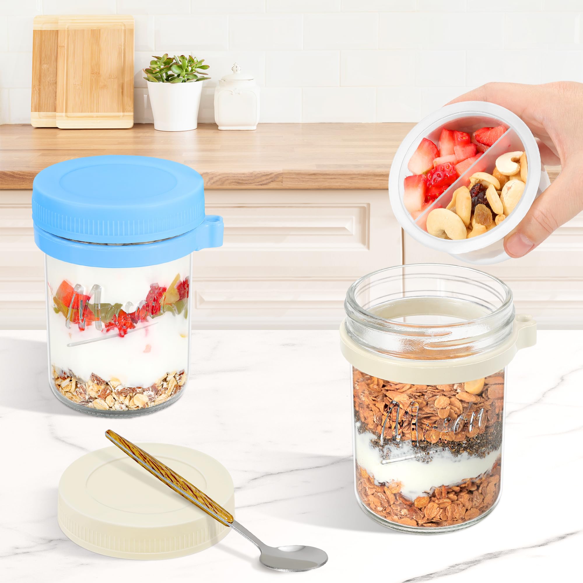Xyptorix 6 Pack Overnight Oats Containers with Lids and Spoons, 16 oz Mason Jars with Removable Separate Compartments, Airtight and Leak-Proof Glass Jars for Chia Pudding, Yogurt, and Oatmeal