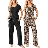 Ekouaer 2 Pack Womens Pajamas Short Sleeve Sleepwear Top with Pants Super-Soft Printed Lounge Sets S-XXL