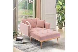 SLEERWAY Velvet 2 in 1 Chaise Lounge Chair Indoor, Modern Single Sofa Bed with Two Pillows, Recliner Chair with 3 Adjustable Angles, Convertible Sleeper Chair for Living Room and Bedroom (Pink)
