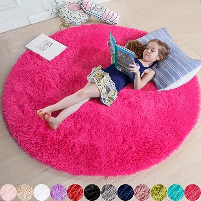 Amdrebio Hot Pink Round Rug 5'x5' Fluffy Circle Carpet for Kids & Nursery