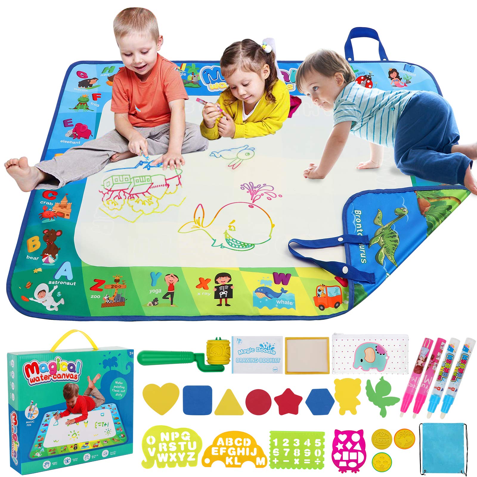 RabTig Aqua Magic Doodle Mat,Extra Large Water Drawing Doodling Mat,Mess Free Coloring Painting Mat, Educational Toys Gifts for Kids Toddlers Boys Girls Age 3 4 5 6 7 8 Year Old (Double Side)