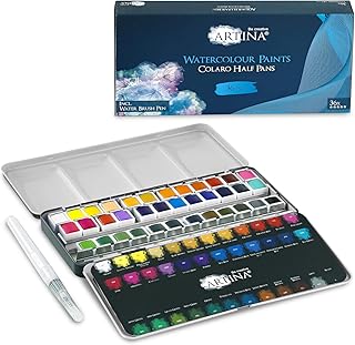 Artina Colaro Farbkasten Aquarellfarben 36 Set Wasserfarben Malkasten Metallkasten mit Aquarell Malset und Wassertankpinsel - Pinselstift