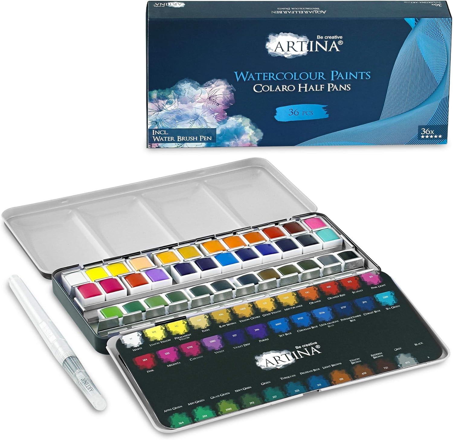 Artina Colaro Farbkasten Aquarellfarben 36 Set Wasserfarben Malkasten Metallkasten mit Aquarell Malset und Wassertankpinsel - Pinselstift