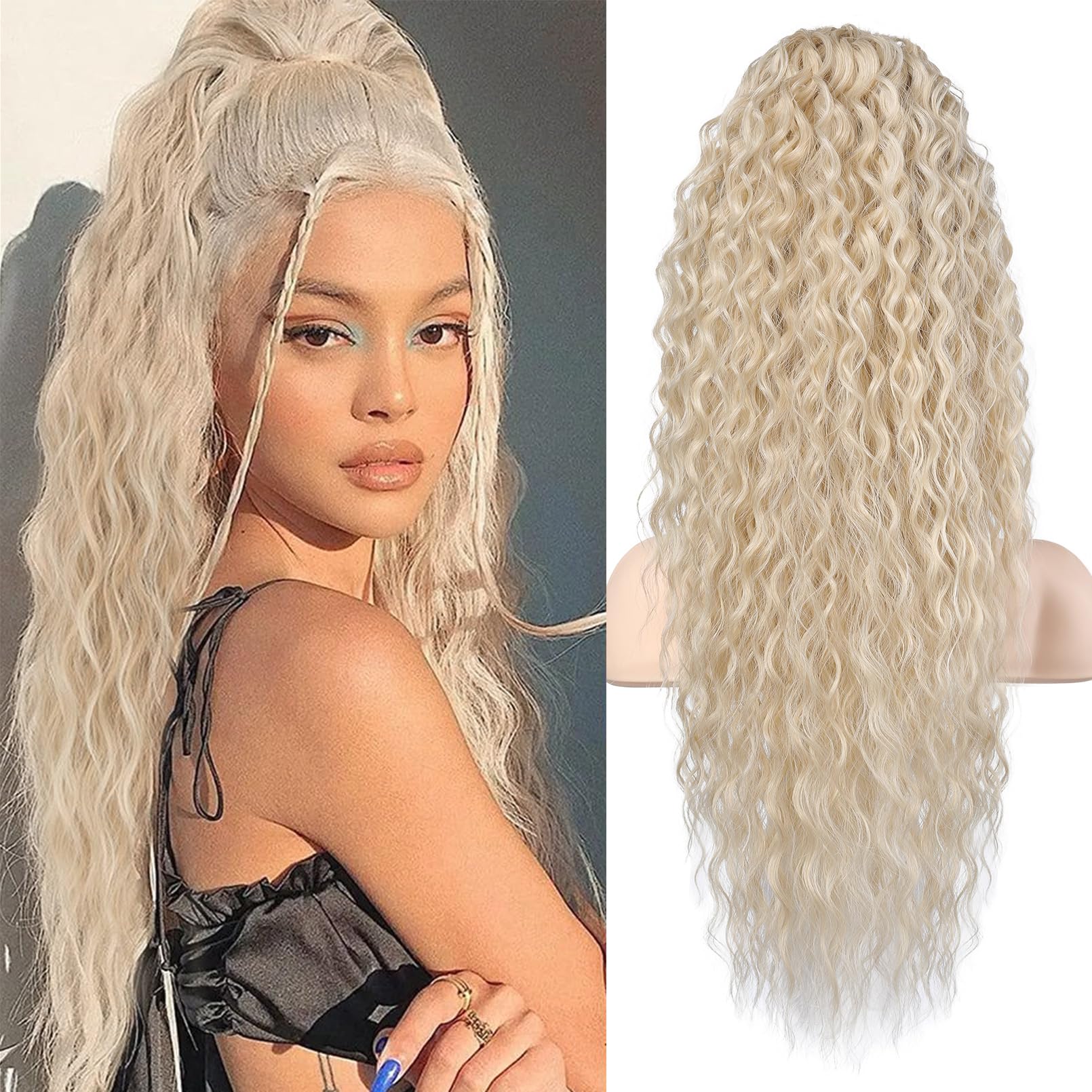 FLUFYMOOZ Ponytail Extension, 26 Inch Bohemian Style Drawstring Ponytail Hair Extensions for Women, Long Curly Wavy Ponytail Natural Synthetic Hairpiece for Women (26 Inch Cool Blonde)