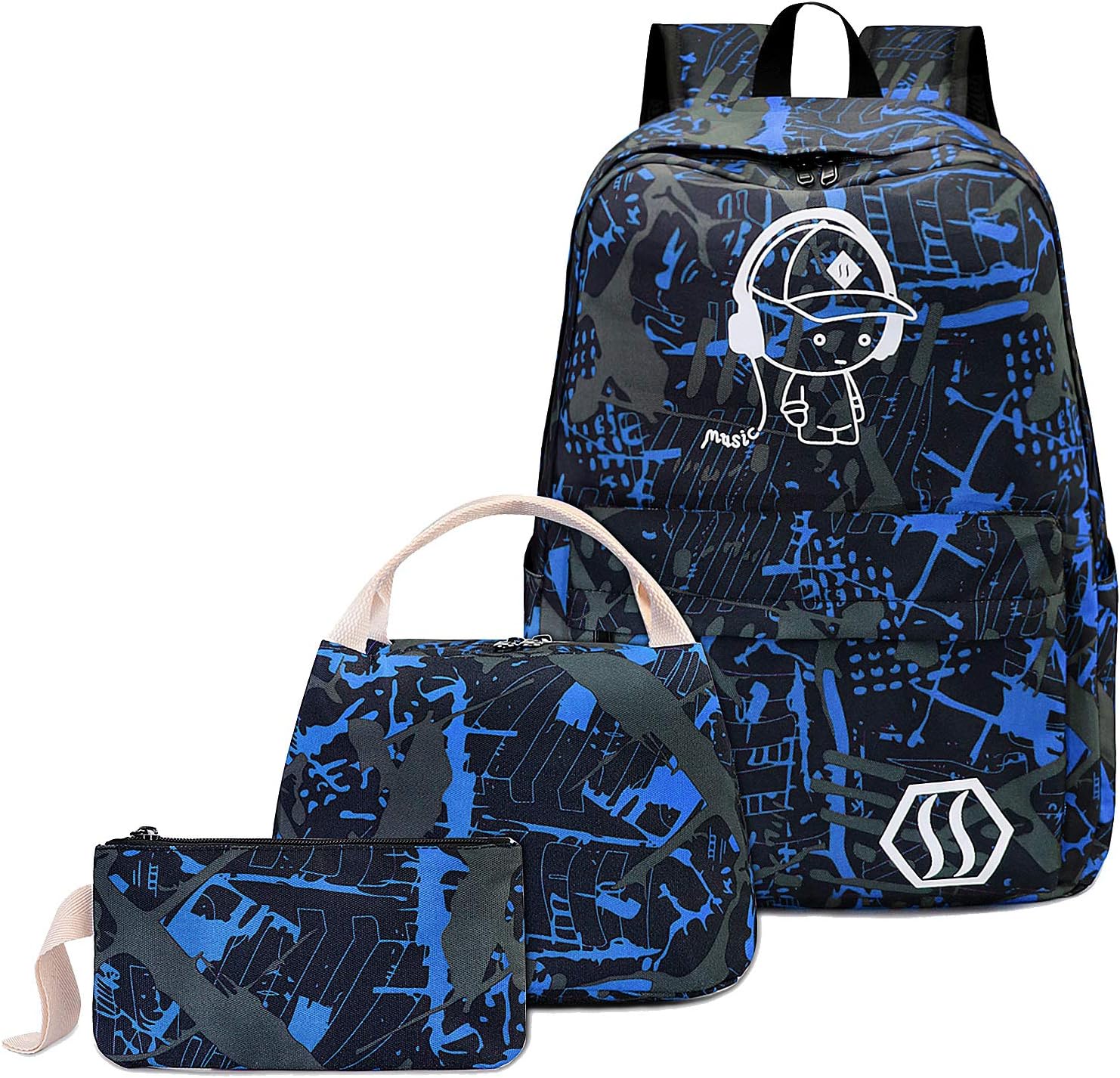 MCWTH School Bags for Teen Boys Kids School Backpack with Lunch Bag Pencil Case Set (Blue), 3in1 Music Kids