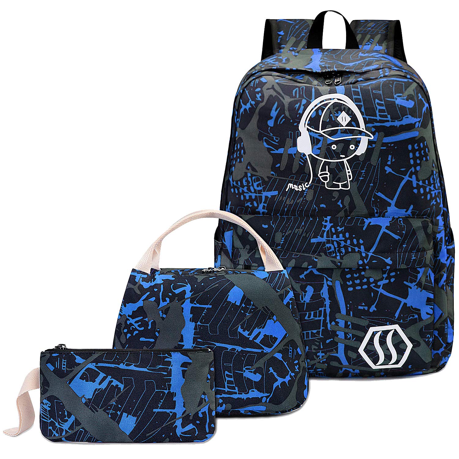 MCWTH School Bags for Teen Boys, Kids School Backpack with Lunch Bag Pencil Case Set (Blue)