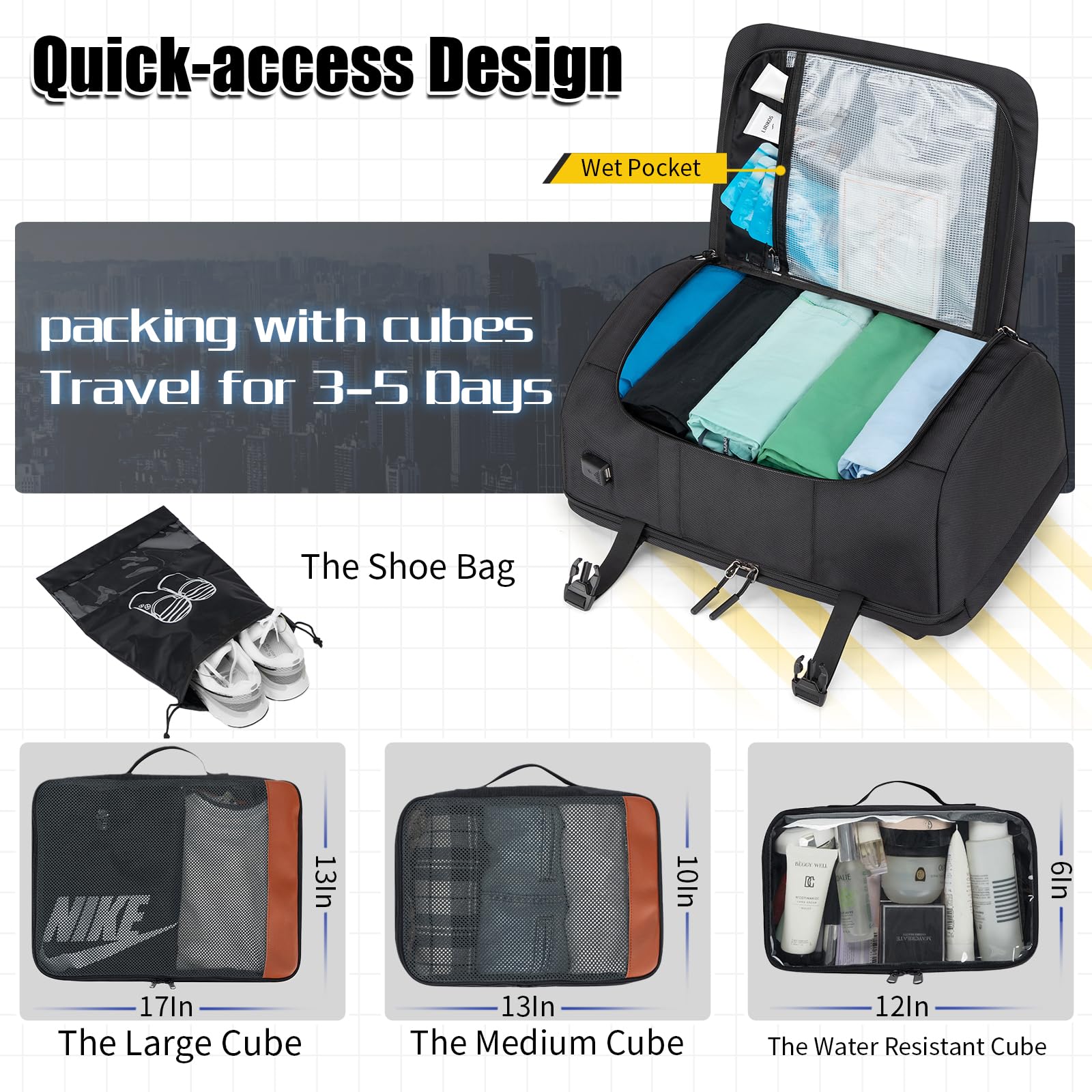 Velaybor 42L Travel Backpack with 4 Packing Cubes, TSA Friendly Flight Approved Carry-On Bag with USB Charging Port, Water-Resistant Weekender Business Backpack for Men Women, Fits 17.3