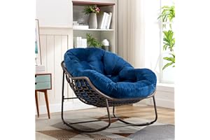 SLEERWAY Large Indoor Outdoor Rocking Chair, Oversized Rocking Papasan Chair with Thick Cushion and Frame Outdoor Rocker, Comfy Wicker Egg Chairs Lounge for Outside Porch Patio Backyard Balcony (Blue)