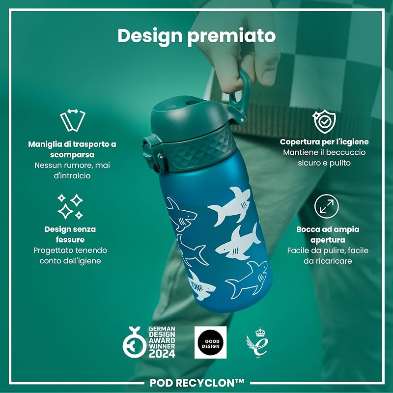 Borraccia per Bambini, 350 ml, a Prova di Perdite, Facile da Aprire, Serratura Sicura, Lavabile in Lavastoviglie, Senza BPA, Maniglia per il Trasporto, Facile Pulizia, Squali