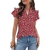 Blooming Jelly Womens Dressy Casual Tops Ruffle Short Sleeve V Neck Shirts Elegant Business Work Blouse
