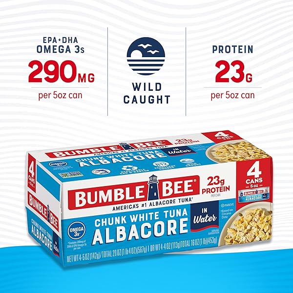 BUMBLE BEE CHUNK WHITE ALBACORE TUNA IN WATER, 5 OZ CAN (PACK OF 4) – WILD CAUGHT TUNA – 23G PROTEIN PER SERVING, HIGH IN OMEGA-3S – NON-GMO PROJECT VERIFIED, GLUTEN FREE, KOSHER