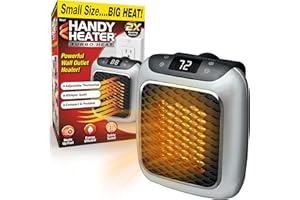 Ontel Handy Heater Turbo Wall Outlet Plug In Heater – Portable Indoor Ceramic Space Heater w/Adjustable Thermostat, 12-Hour Timer, Auto Shut Off, Quiet – Plug In Wall for Office, Bedroom, Camping