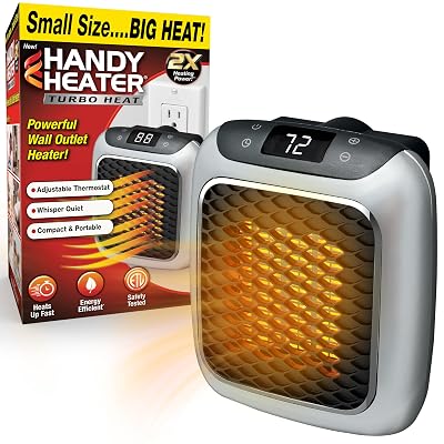Ontel Handy Heater Turbo Wall Outlet Plug In Heater – Portable Indoor Ceramic Space Heater w/Adjustable Thermostat, 12-Hour Timer, Auto Shut Off, Quiet – Plug In Wall for Office, Bedroom, Camping