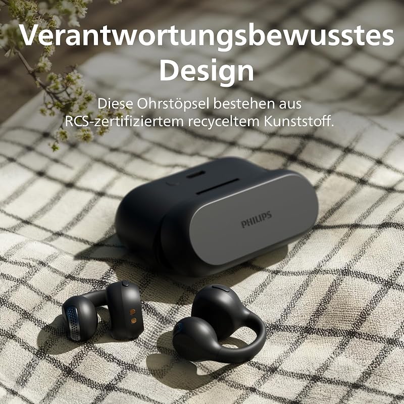 TAQ2000BK ohraufliegende True Wireless Multipoint-Bluetooth-Ohrhörer mit Ohrmanschette - 28 Stunden Spielzeit, Kompaktes Lade-Case, Klare Anrufe, für Arbeitsweg und Sport - Schwarz