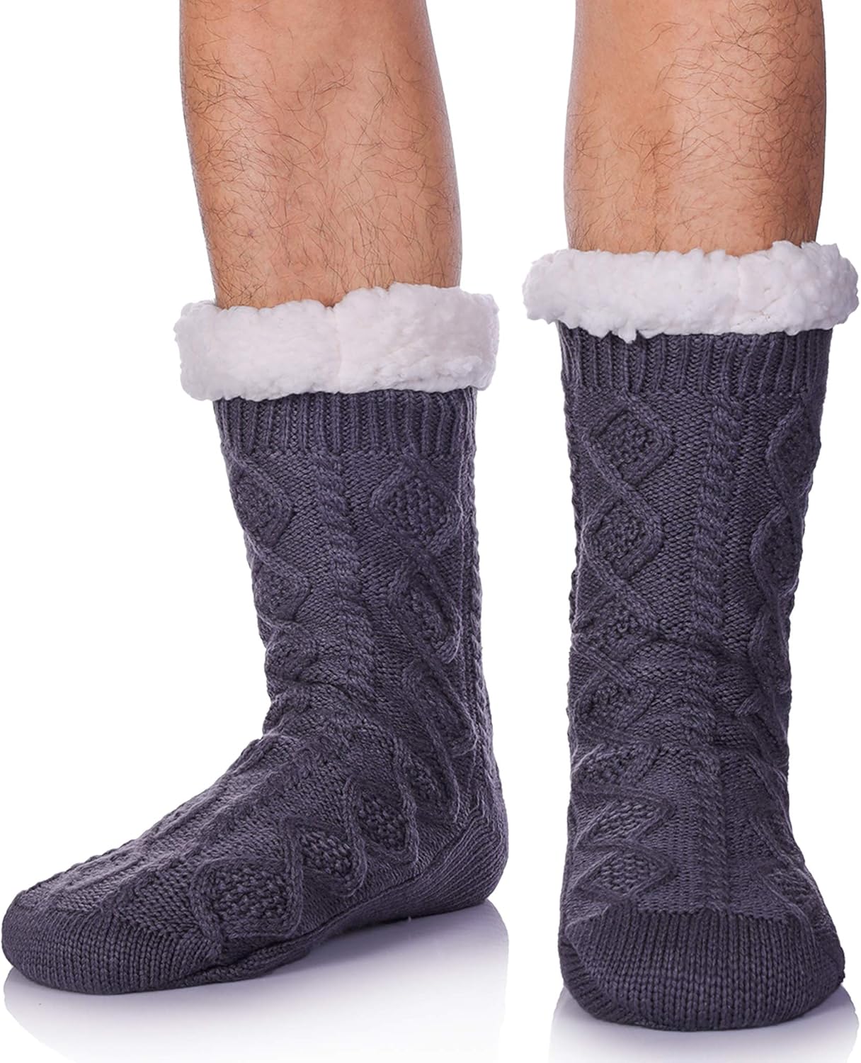 SDBING Mens Super Soft Warm Cozy Fuzzy Fleecelined Winter With Grips Slipper Socks (Dark Gray
