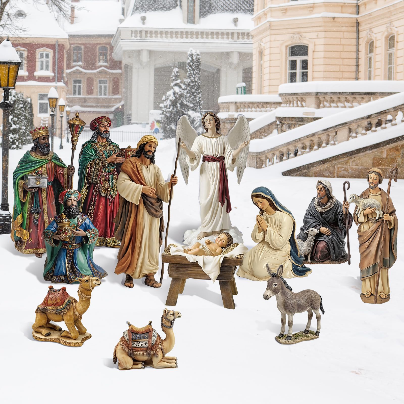 Photo 1 of MorningRo 12 Pcs Metal Christmas Outdoor Nativity Scene Set, 52" Tall Christmas Yard Decoration, Joseph, Mary, Baby Jesus, Angel, Three Kings, Shepherd, Donkey, Camel, Holiday Lawn Display with Stake