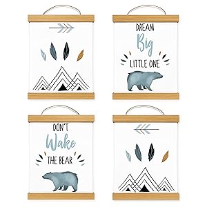 Framed Sweet Jojo Designs Slate Blue White Wall Art Prints Room Decor Baby Nursery Kids Bear Mountain Watercolor Collection - Set of 4 - Dream Big Don't Wake The Bear Wooden Hanging Magnetic Frames