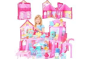 AmiDear Foldable Dollhouse 2024, Dream 3-Story Princess Doll House Playset with Furniture Slide, Pink Toddler Toy House for 3 4 5 6 7 8 9 10 Year Old Girls