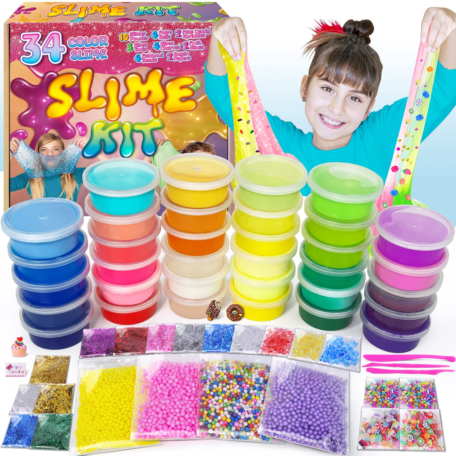 ESSENSON DIY Slime Kit - Slime Making Kit, Craft Kit for Kids Boys Girls, 34 Colours Slime Toys Gifts for Kids Age 6+ Year Old, Slime Party Favors Gift