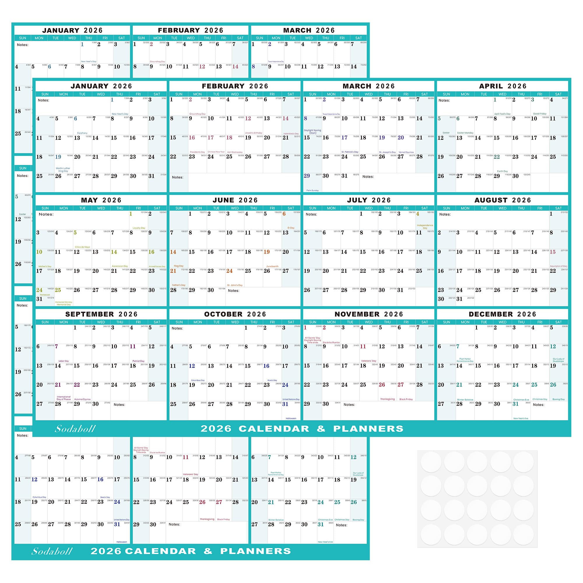 Photo 1 of 24" x 36" 2026 Wall Calendar, Folded Wet & Dry Erase Wall Calendar 12 Month, Annual Yearly Planner Yearly 