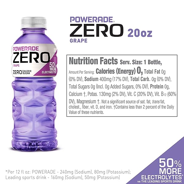 POWERADE ELECTROLYTE ENHANCED ZERO SUGAR GRAPE SPORTS DRINK, 20 OUNCE (PACK OF 8)