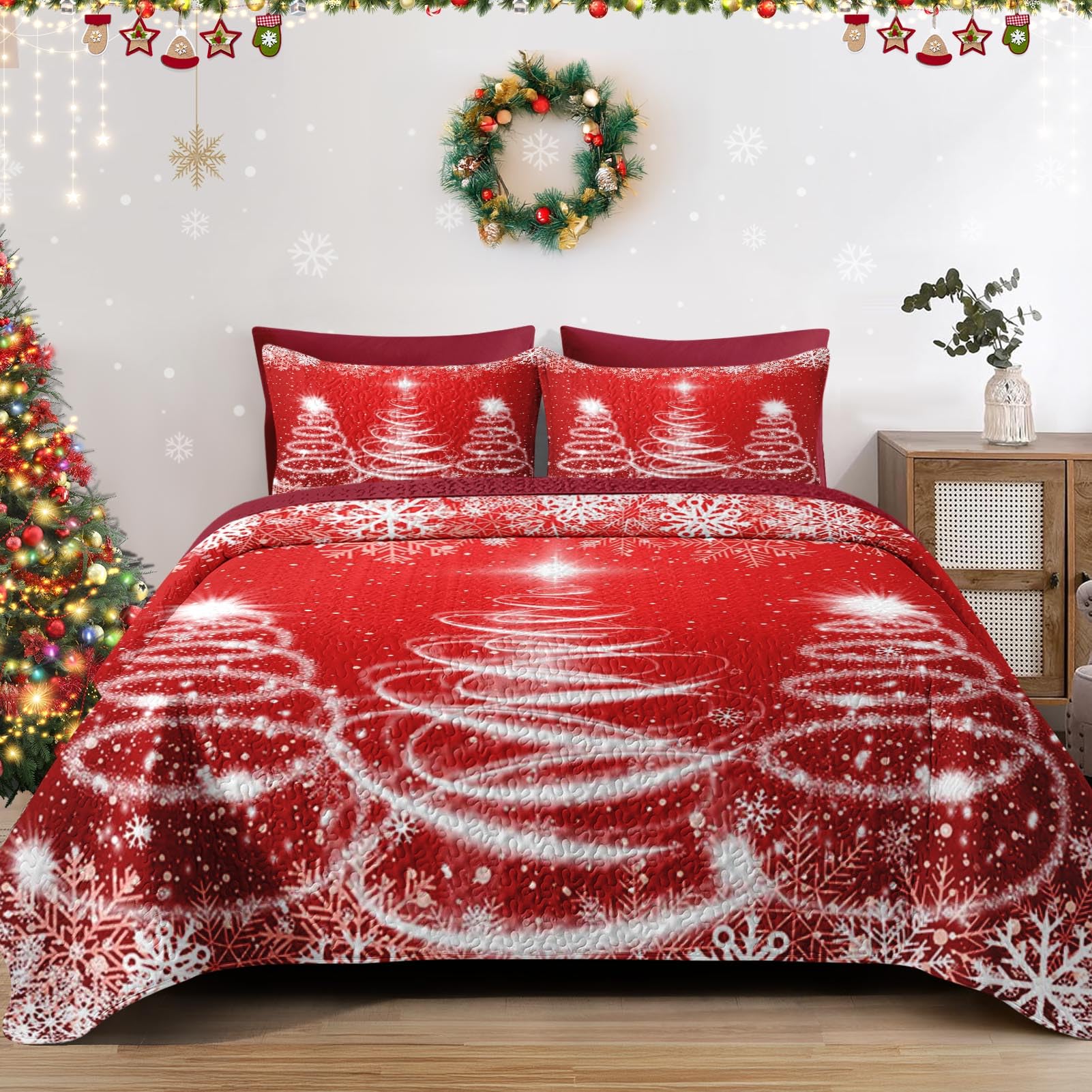 Photo 1 of WeCozy Christmas King Size Quilt Set, Winter Abstract Xmas Tree Lightweight Bedspread Coverlet with Pillow Shams for Kids and Adults, Funny Snowflake 3 Pcs Bedding Bed Cover