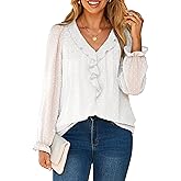 Simplee Womens Dressy Long Sleeve Blouse Casual V-Neck Ruffle Business Tops Chiffon Work Ladies Shirts 2025 Fall Trendy
