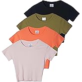 Real Essentials 4-Pack: Women's Short Sleeve Ribbed Knit Cotton Crew Neck Crop Top T-Shirt - (Available in Plus)