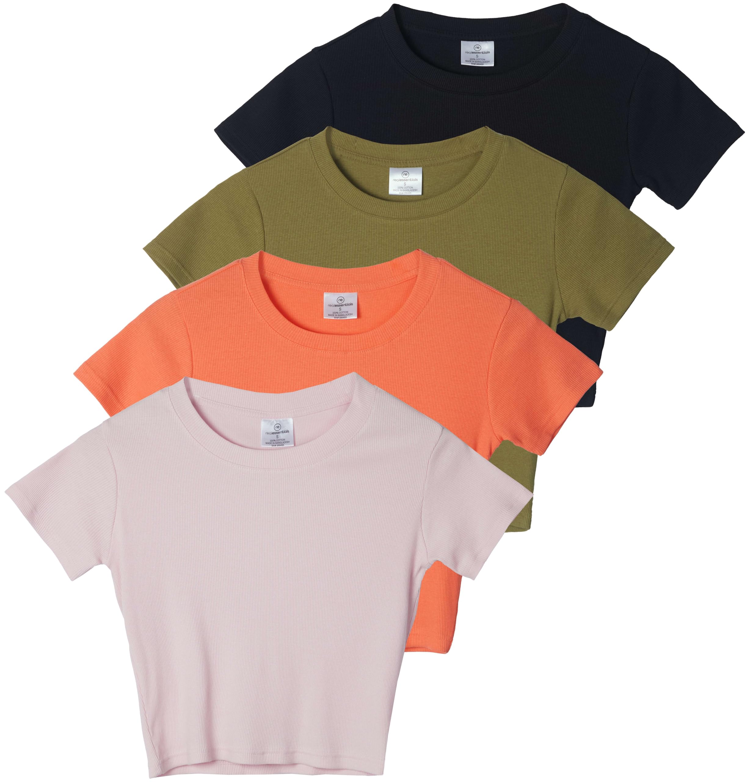 Photo 1 of *BLACK SHIRT ONLY* Real Essentials 4-Pack: Women's Cotton Ribbed Short Sleeve Crop Top Fashion Sexy Cute Cropped Athletic Workout Fall T-Shirt Shirts Tees Blouses Clothes Ladies Outfits Trendy Tshirts Sexy - Set 3, L