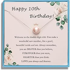 Sereney 10th Birthday Gifts for Girl Sterling Silver Pink Pearl Necklace as Gifts for 10 Year Old, Adjustable Length 10 Birth