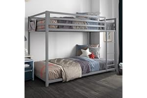 DHP Miles Low Metal Bunk Bed Frame for Kids, With Built-in Ladder, High Guardrail and Metal Slats, Floor Bed Bottom Bunk, No Boxspring Required, For Small Spaces, Twin-Over-Twin, Silver