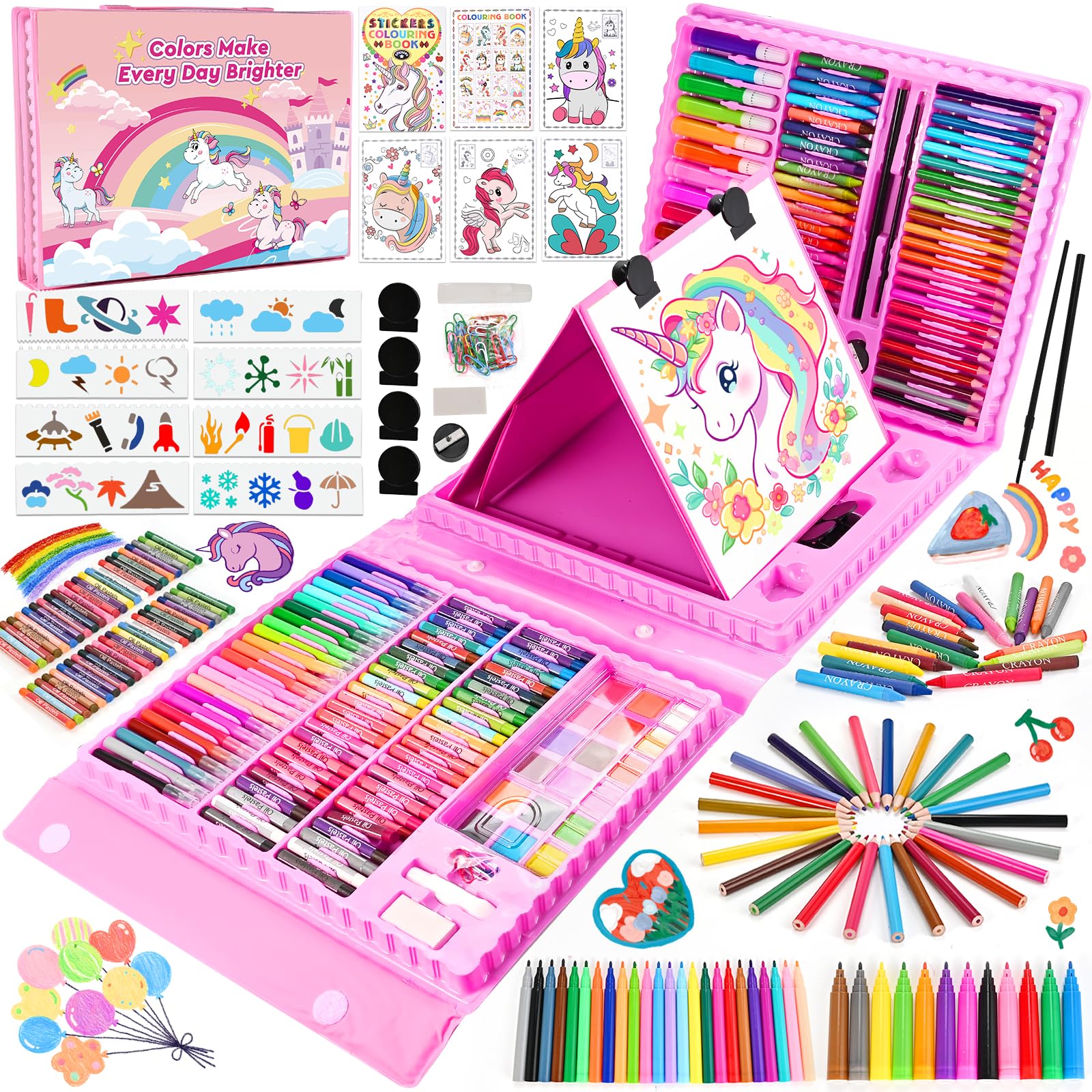 Goldge 230+ Pcs Art Set for Kids Ages 4-12, Art Supplies with Double-Sided Easel, Colouring Pencils, Crayons, Watercolours & Stencils | Portable Art Kit with Storage Box | Gift for Girls & Boys