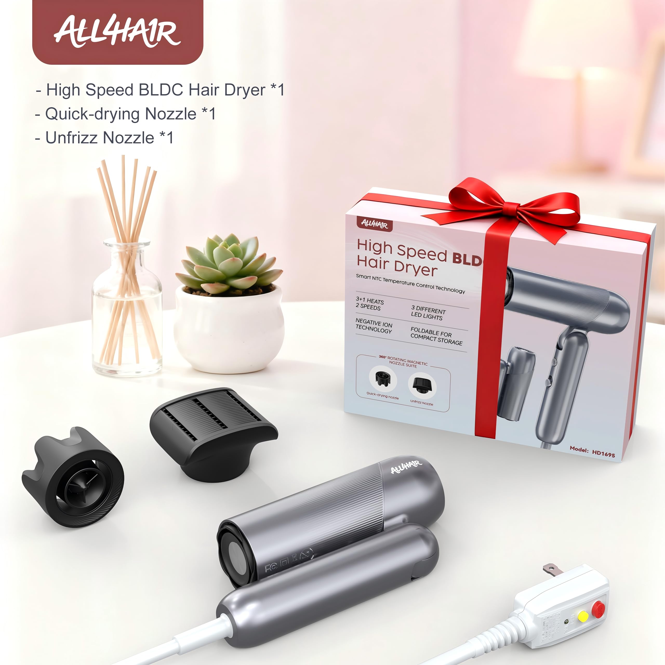 ALL4HA1R Professional Ionic Hair Dryer, 1300W High-Speed Blow Dryer Fast Drying Low Noise with 4 Heat Settings Lightweight Travel Hair Dryer with Concentrator Nozzle for Home Salon Women Men