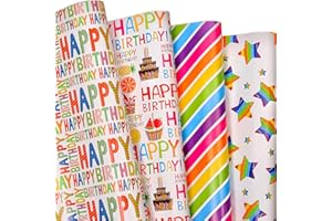 THMORT Birthday Wrapping Paper for Kids, Boys&Girls, Adults. Gift Wrapping Paper With Colorful Happy Birthday Font Print, Star, Rainbow Stripe lines,4 Bright and Shine Designs for Baby Shower, Holiday, Party. Pack Of 12 Sheets 20 X 29 Inch