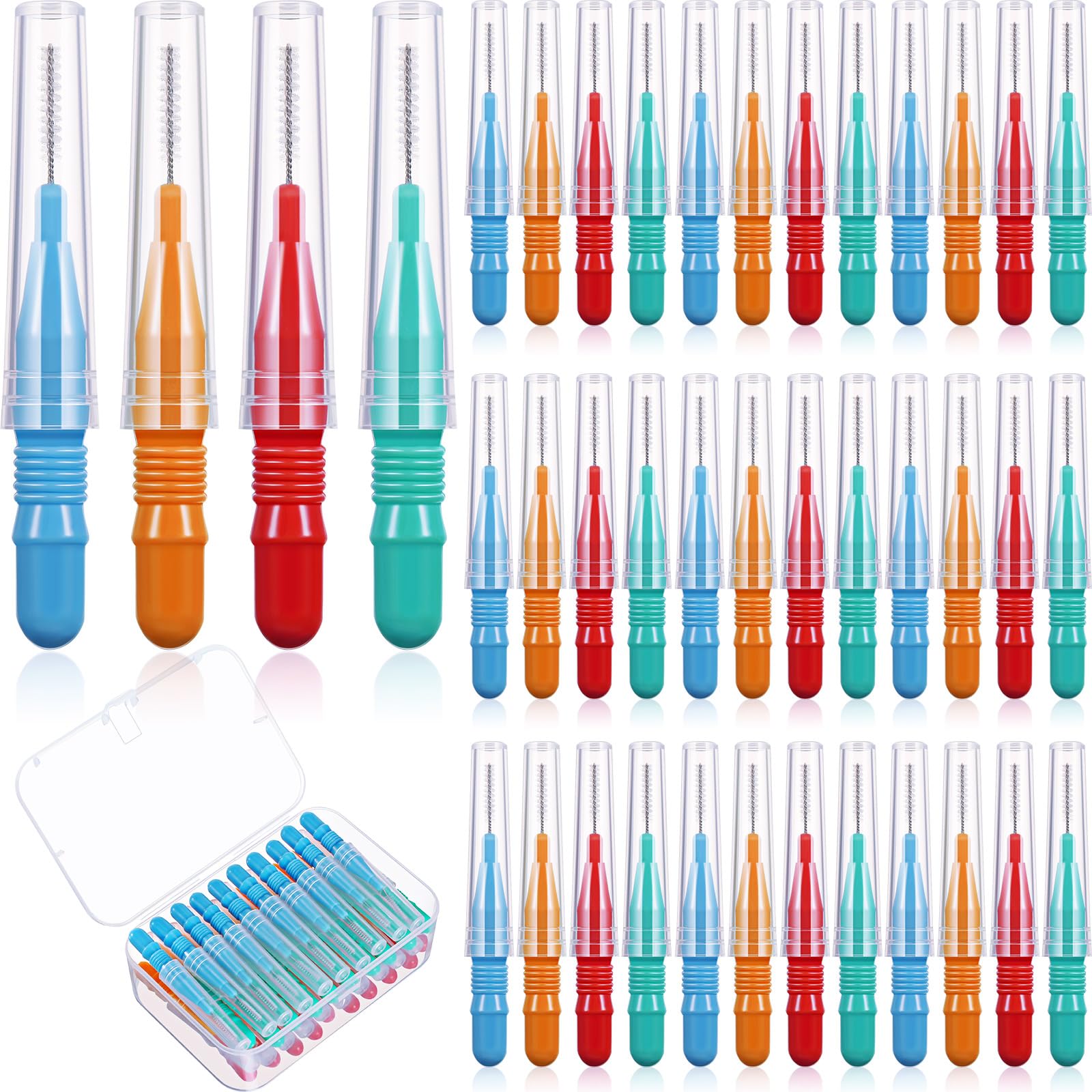 40 Counts Interdental Brush Toothpick Dental Tooth Flossing Head Oral Dental Brush Flosser Mini Tooth Cleaning Tool with Storage Box for Cleaner Braces Oral Cleaning, Red, Blue, Green, Orange