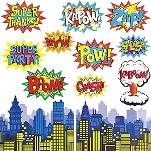 Fancy Land Action Signs Cutouts 12PCS Words and Cityscape Cut-Outs for Party Decoration