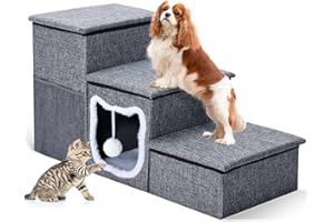 Bilibara Dog Stairs for Small Dogs 16'' H, Foldable Pet Steps for High Bed, Non-Slip 3-Step Cat Stairs with Storage, Condo and Fluffy Ball, Small Dog Indoor Ramp for Couch Window