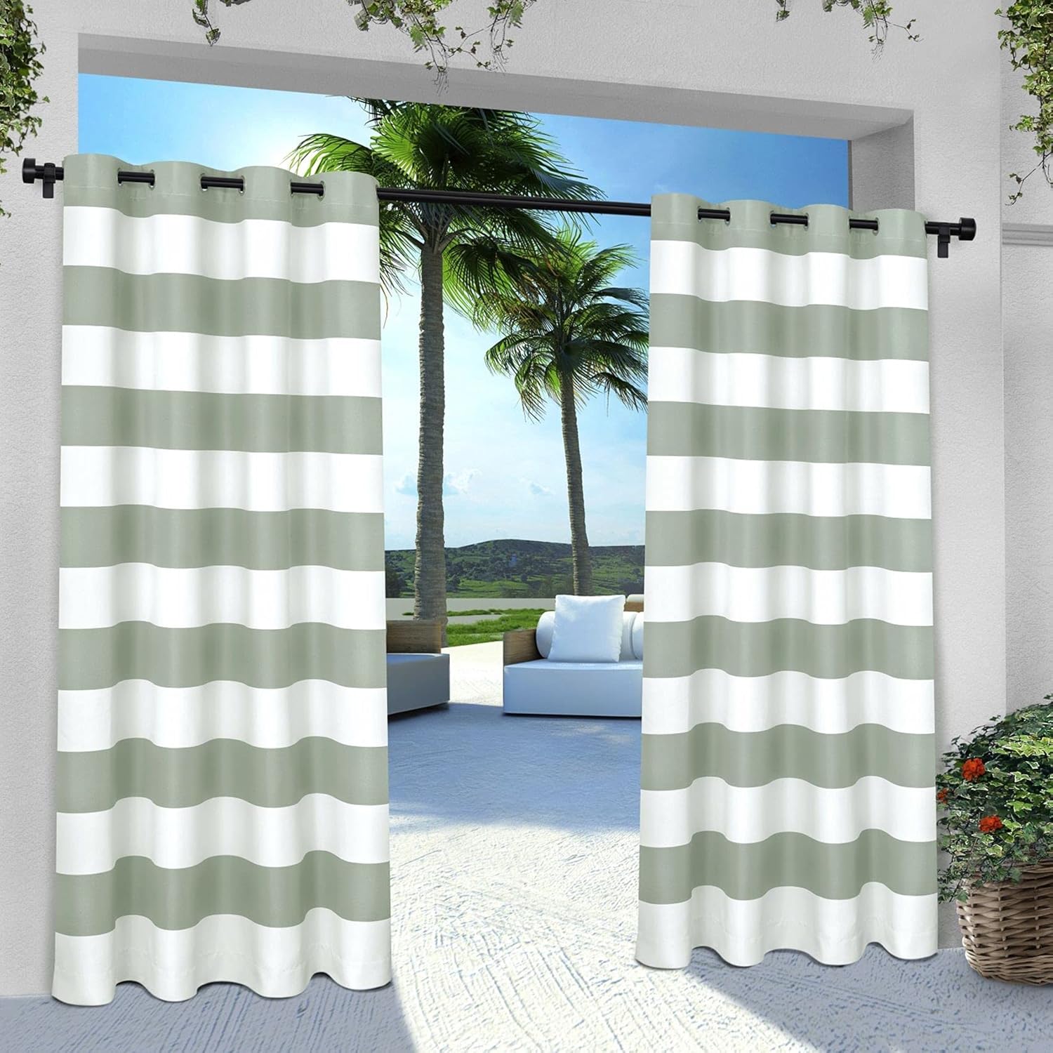 Outdoor Curtains - Exclusive Home Cabana Stripe Indoor/Outdoor Light Filtering Grommet Top Curtain Panel, 54