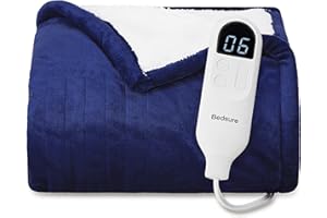 Bedsure Electric Heated Blanket Throw - Soft Flannel & Sherpa, 6 Heating Levels & 4 Time Settings, Blue, 50x60 inches
