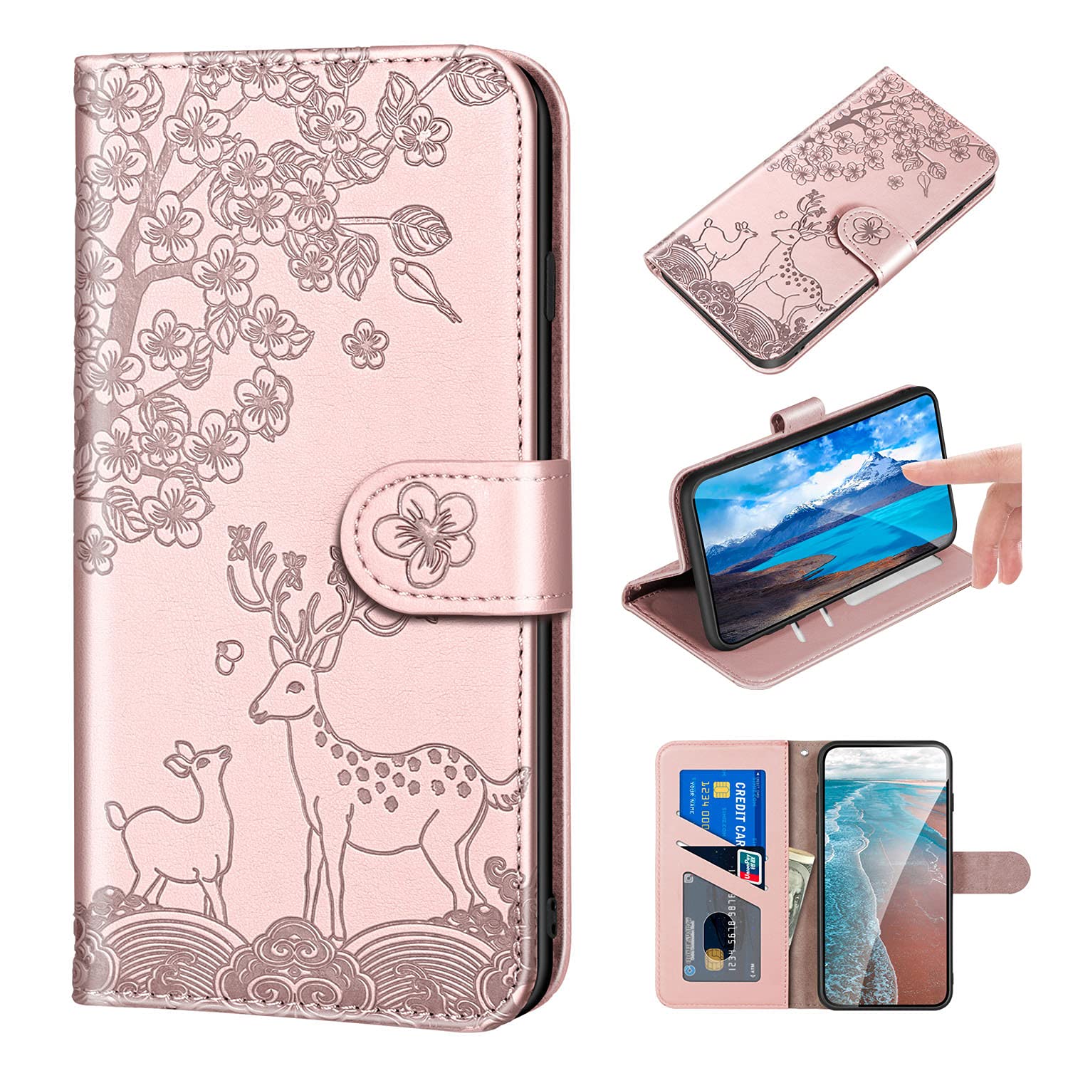 Norn iPhone 7 Plus/8 Plus Phone case,Cute Embossed Sika Deer Pattern,Folding Stand PU Folio Leather Wallet Case,Shokproof Protective Flip Case with Card Slots,Magnetic Closure,Pink/Rose gold