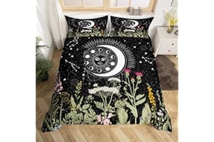 FEELYOU Sun Moon Kids Duvet Cover Set Stars Space Psychedelic Comforter Cover Boys Teens Black and White Queen Size Galaxy Bedding Set Botanical Branches Constellations Decor Quilt Cover with 2 Pillowcases