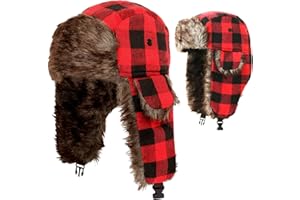 Wqebuid Trapper Hat Lumberjack Faux Fur Plaid Earflaps Cap Trooper Ear Flaps with Chin Strap Winter Hunting for Women Men