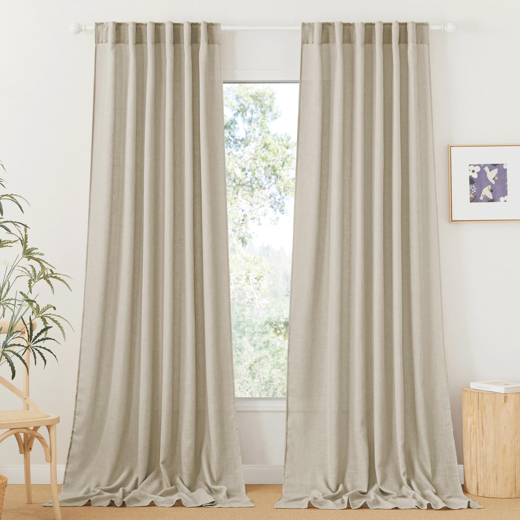 Photo 1 of RYB HOME Semi Sheer Curtains 102 inches Long, Back Tab Light Filtering Half Privacy Window Curtains & Drapes for Bedroom Living Room, Beige, W 52 x L 102 inches, 2 Panels Set