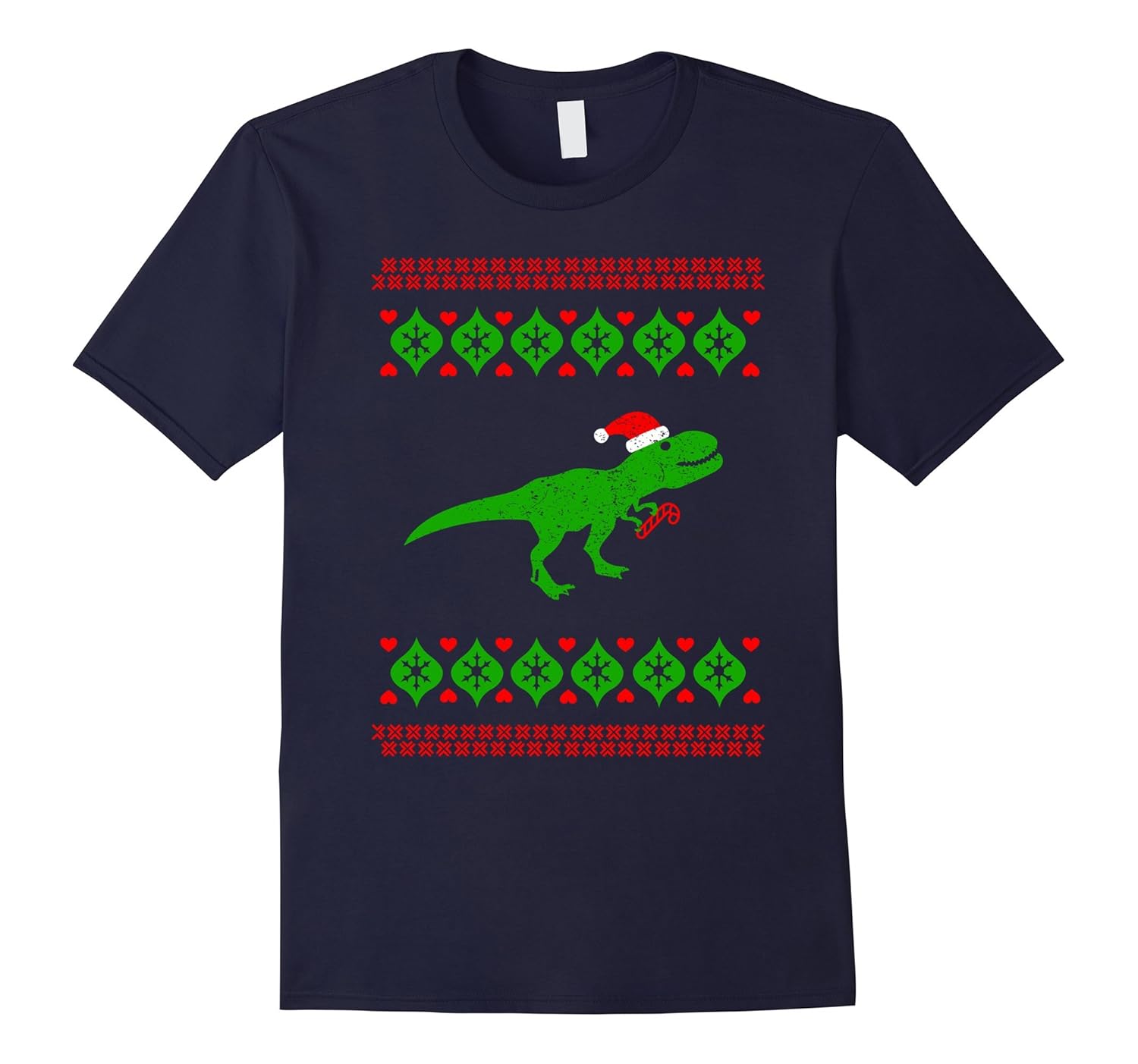 Santa Hat Dinosaur With Candy Cane Ugly Christmas T-Shirt-ANZ