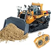 MNJCK Metal Bucket Rc Bulldozer Toys for Boys, Realistic Construction Remote Control Bulldozer 9 Channel with Lights Sounds, 