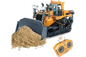 MNJCK Metal Bucket Rc Bulldozer Toys for Boys, Realistic Construction Remote Control Bulldozer 9 Channel with Lights Sounds, 